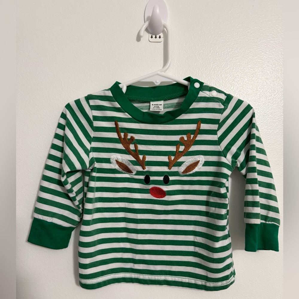 SHEIN Green and White Striped Reindeer Long Sleeve Set